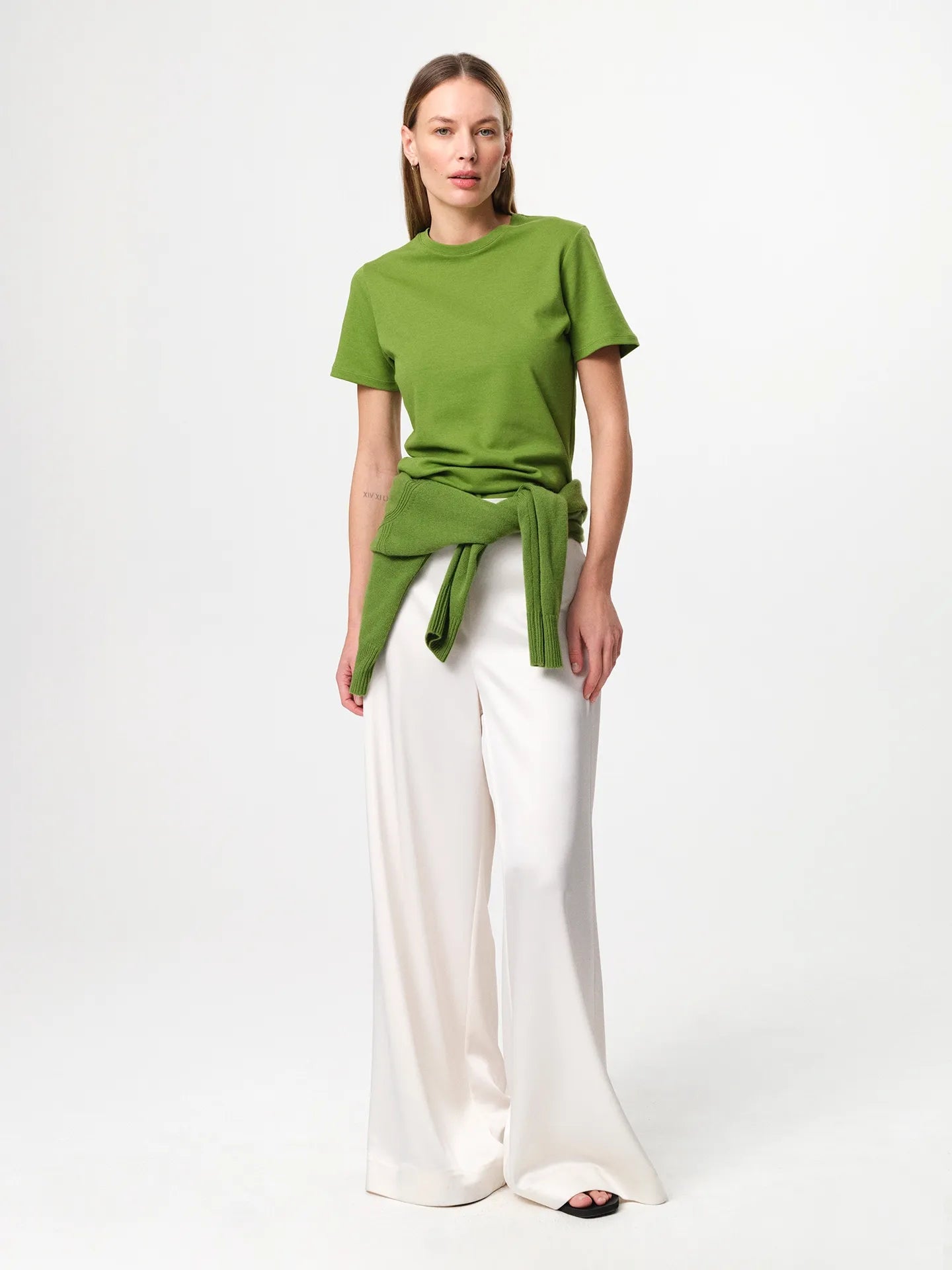 Julie Josephine Agnes Tee Tulip Green: relaxed fitted t shirt in tulip green made from soft Italian cotton jersey, designed as the perfect everyday tee and a seasonless wardrobe essential, effortless and versatile with a clean minimal silhouette, crafted for comfort and durability so it can be worn and washed endlessly.