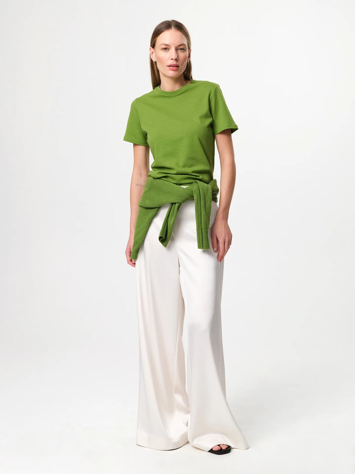 Julie Josephine Agnes Tee Tulip Green: relaxed fitted t shirt in tulip green made from soft Italian cotton jersey, designed as the perfect everyday tee and a seasonless wardrobe essential, effortless and versatile with a clean minimal silhouette, crafted for comfort and durability so it can be worn and washed endlessly.