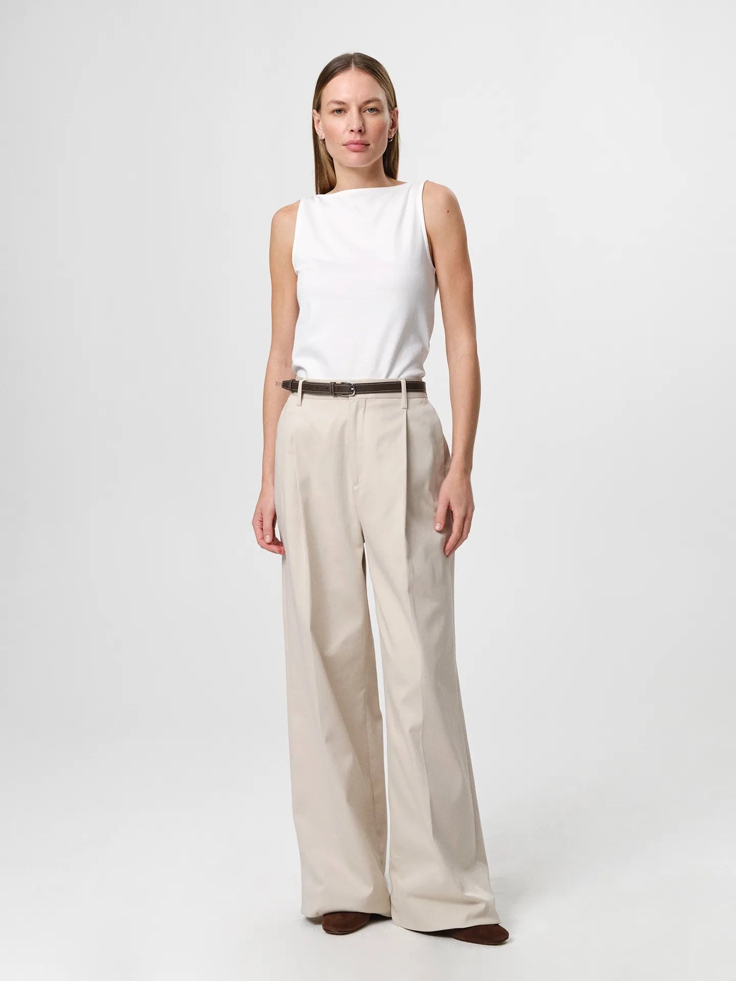 Boatneck Top in white, a classic sleeveless top in soft Italian cotton-blend jersey with a subtle raised boat neckline and a cropped, fitted silhouette.