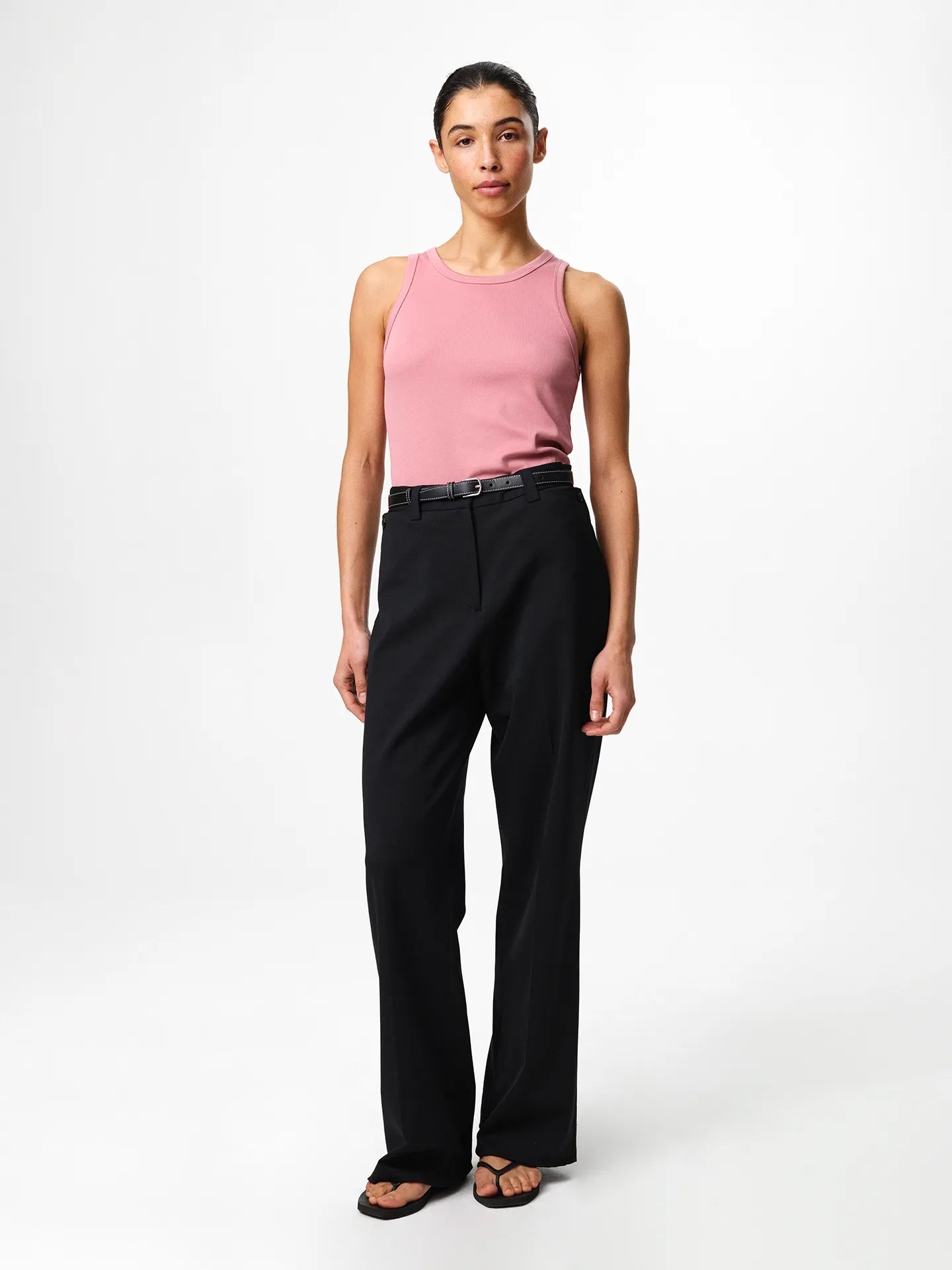 Julie Josephine Ella Rib Top Rosy Pink: slim fit ribbed top in rosy pink made from a 94% Italian pima cotton and 6% polyamid blend, crafted in signature cotton blend rib jersey with a smooth stretchy feel, designed as a versatile wardrobe essential to wear on its own or as an easy layering piece under shirts, knits, and blazers.
